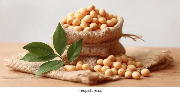 Soybeans in a Burlap Sack on Wooden Table