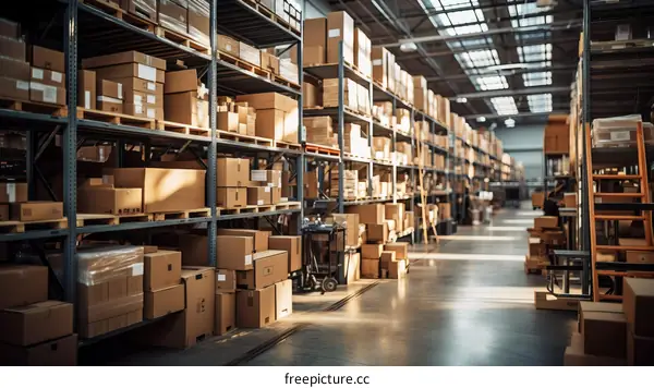 Warehouse with cardboard boxes on shelves