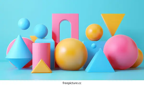 Colorful 3D shapes composition with balls, pyramids, and arch