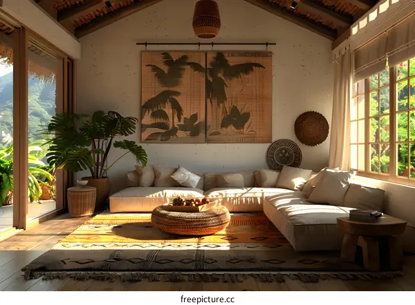 Tropical Living Room Interior Design with Palm Tree Wall Art
