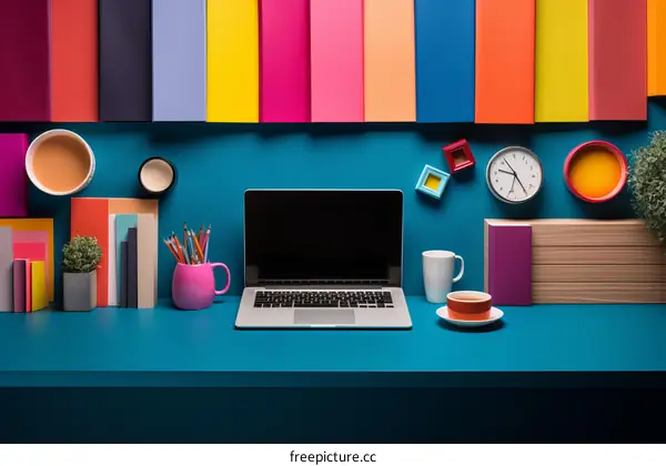 Vibrant and Creative Workspace with Laptop, Books, and Supplies