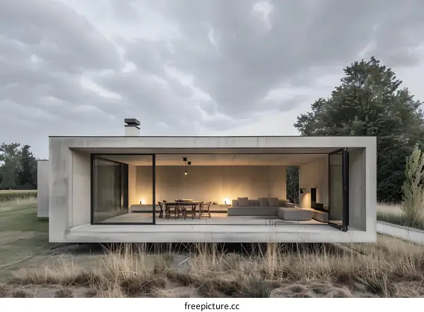 Modern Concrete House with Open Floor Plan and Large Windows