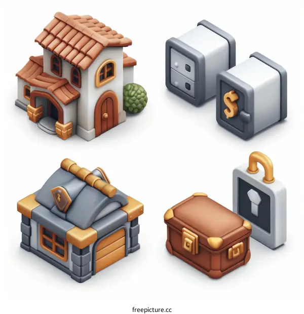 A set of 3D isometric vector illustrations of buildings and storage units