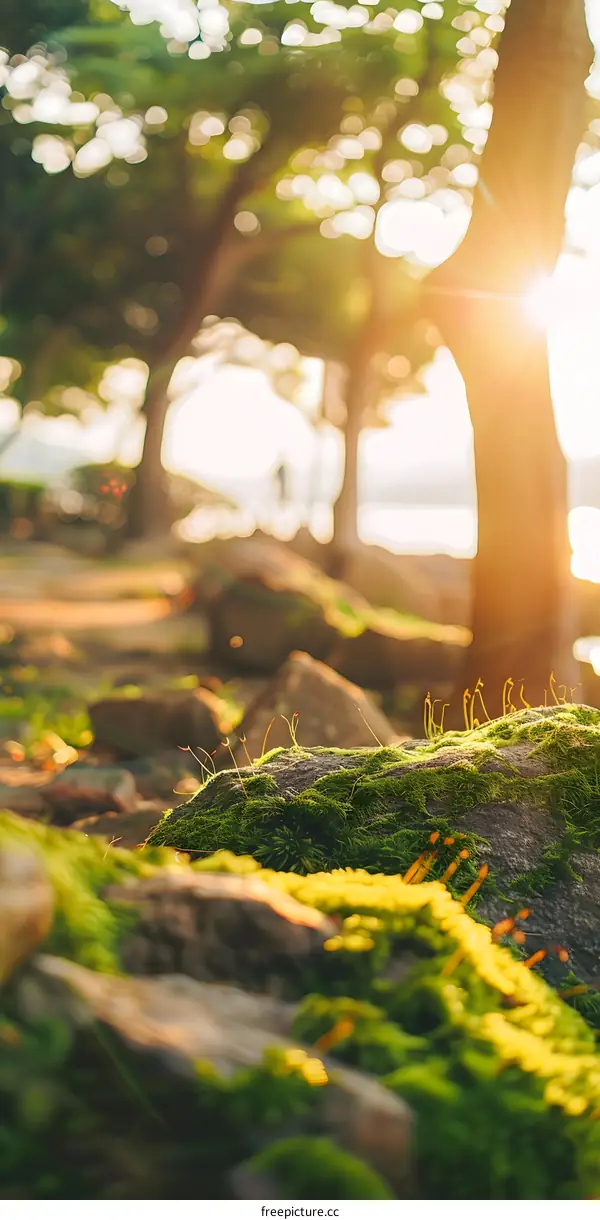 Green Moss Covered Rocks in Sunlight
