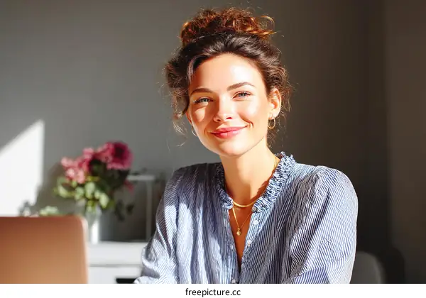 Smiling Caucasian Woman Portrait in a Striped Shirt