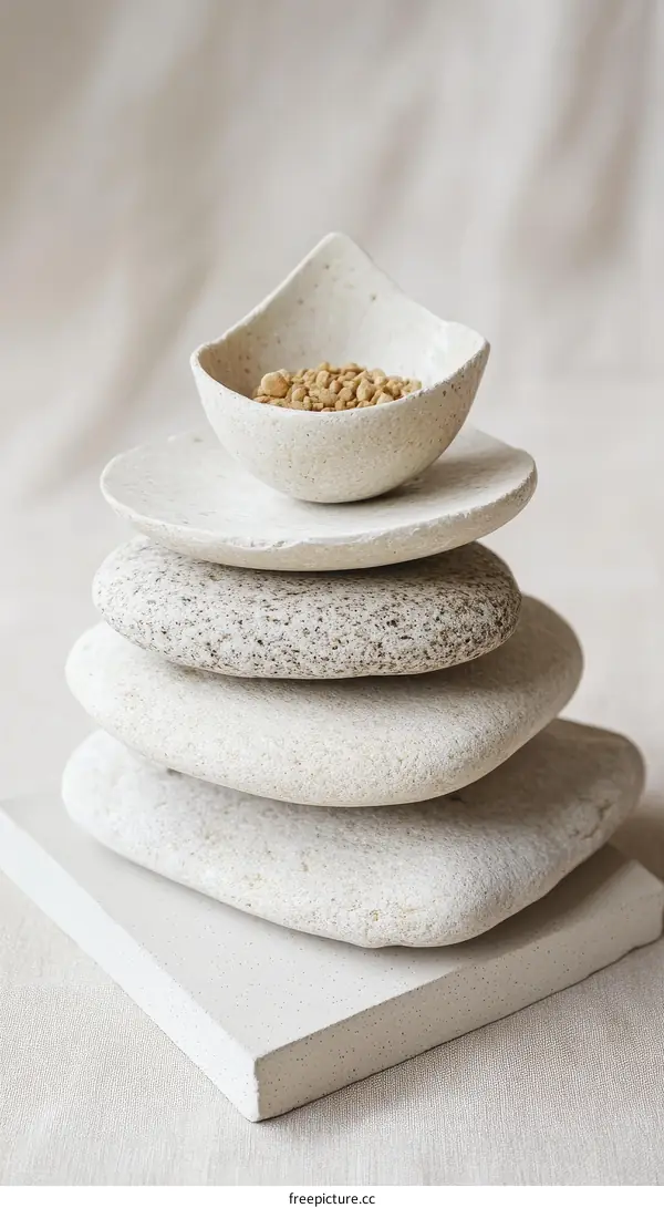 Stacked Stones and Ceramic Bowl with Seeds