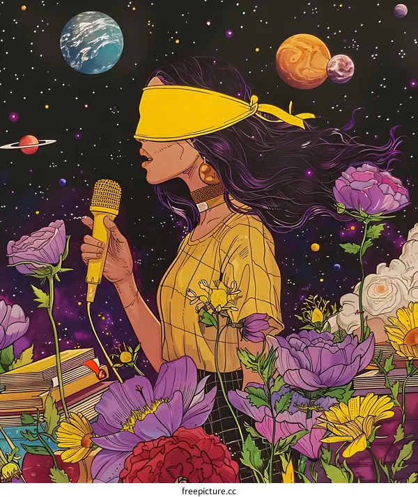 Cosmic Singer: A Woman Expressing Herself Among the Stars and Flowers