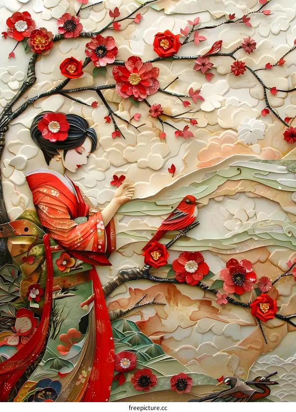 Japanese Woman with Red Flowers and Bird Paper Art