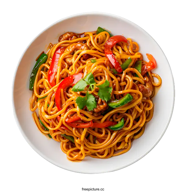 [Transparent Background PNG]Spicy Chicken Noodles in a White Bowl
