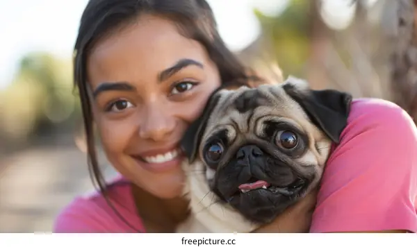 Young woman hugging a pug dog