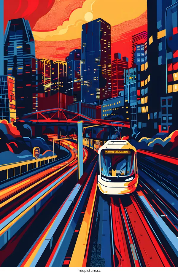 Cityscape Illustration with a Train in the Foreground