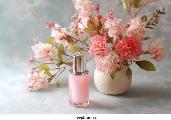 Pink Cosmetic Bottle with Flowers on Pastel Background