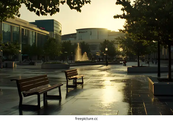 Empty Benches in Urban Plaza with Fountain and Buildings in Background