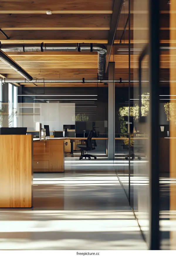 Modern Office Interior Design with Glass Walls and Wooden Ceiling