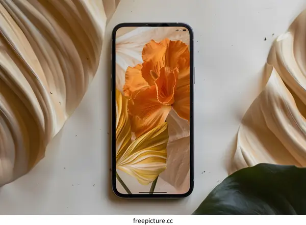 Orange Flower on Phone Screen with Leaves Background