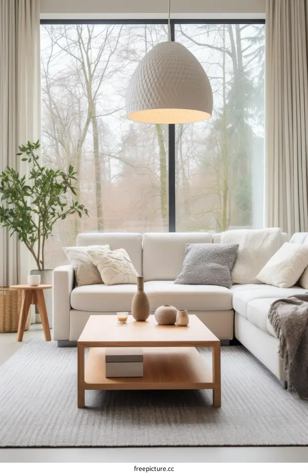 Modern minimalist living room interior with large windows and white sofa