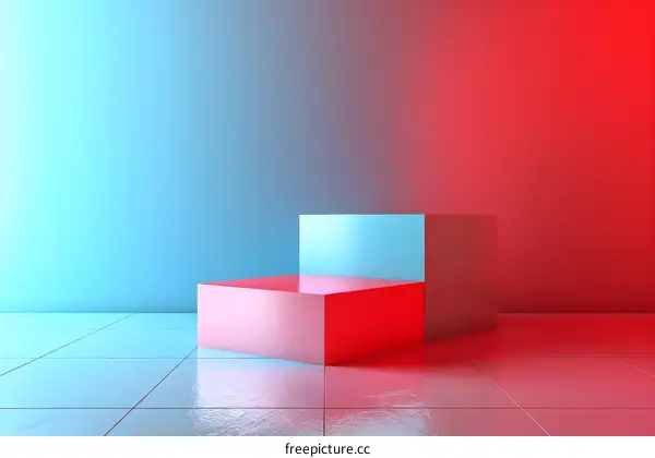 Empty pedestal display on glossy floor with colorful background