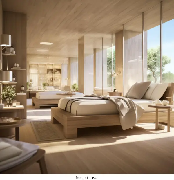 Minimalist Hotel Room with Wooden Walls and Floor-to-Ceiling Windows