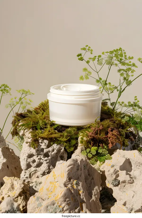 Natural Skincare Jar with Plants on Rocks