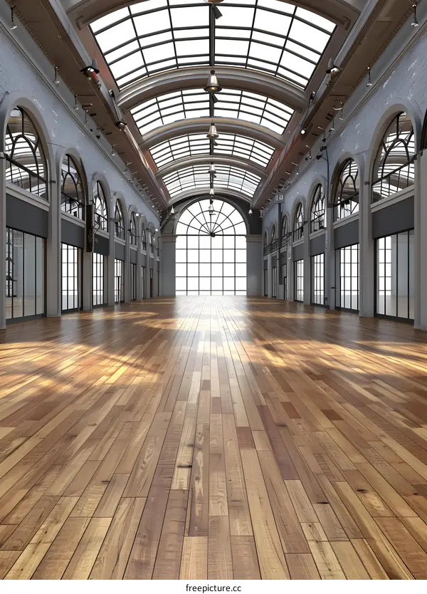 Empty Hallway with Glass Roof and Wooden Floor