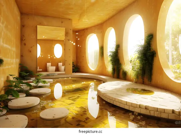 Modern Minimalist Bathroom With Circular Windows and Pool