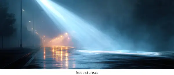 Mysterious Foggy Night Road Lit by Spotlight