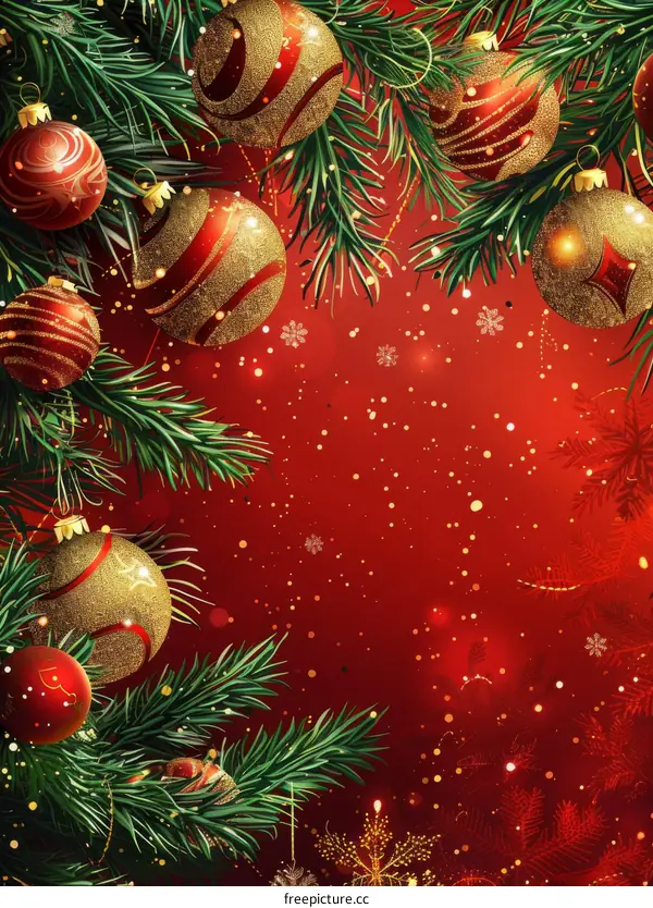 Christmas Tree with Red Baubles, Gold Ornaments, Green Garland