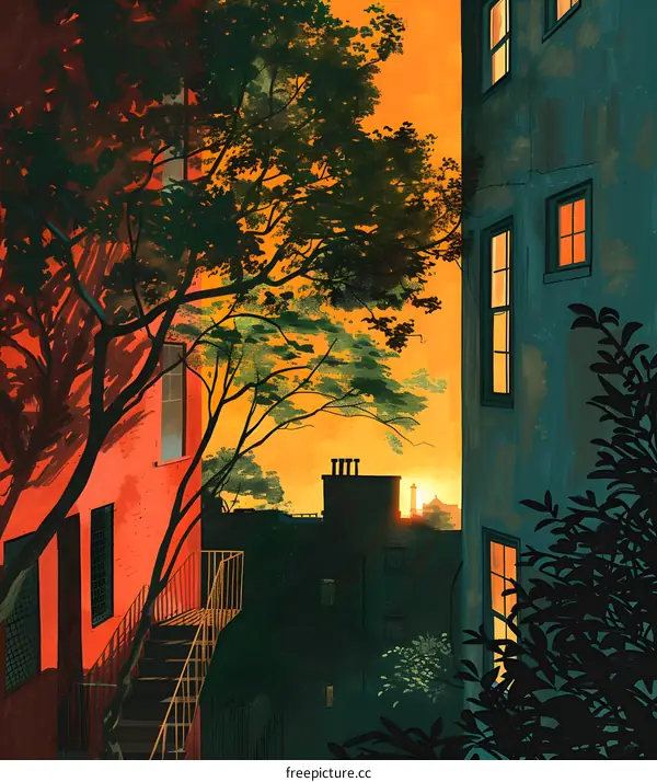 Illustration of a city street with two buildings and a tree