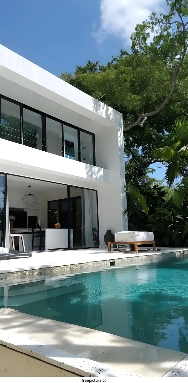 Modern White House with Swimming Pool and Green Trees
