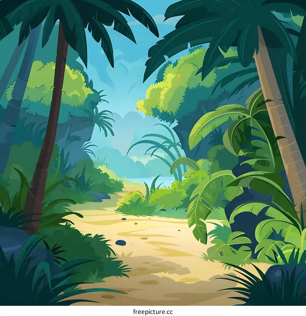 Tropical Rainforest Landscape Illustration with Lush Foliage and a Winding Path