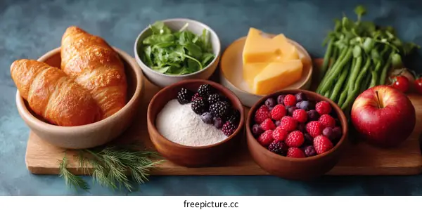 Breakfast Ingredients Display on Wooden Board