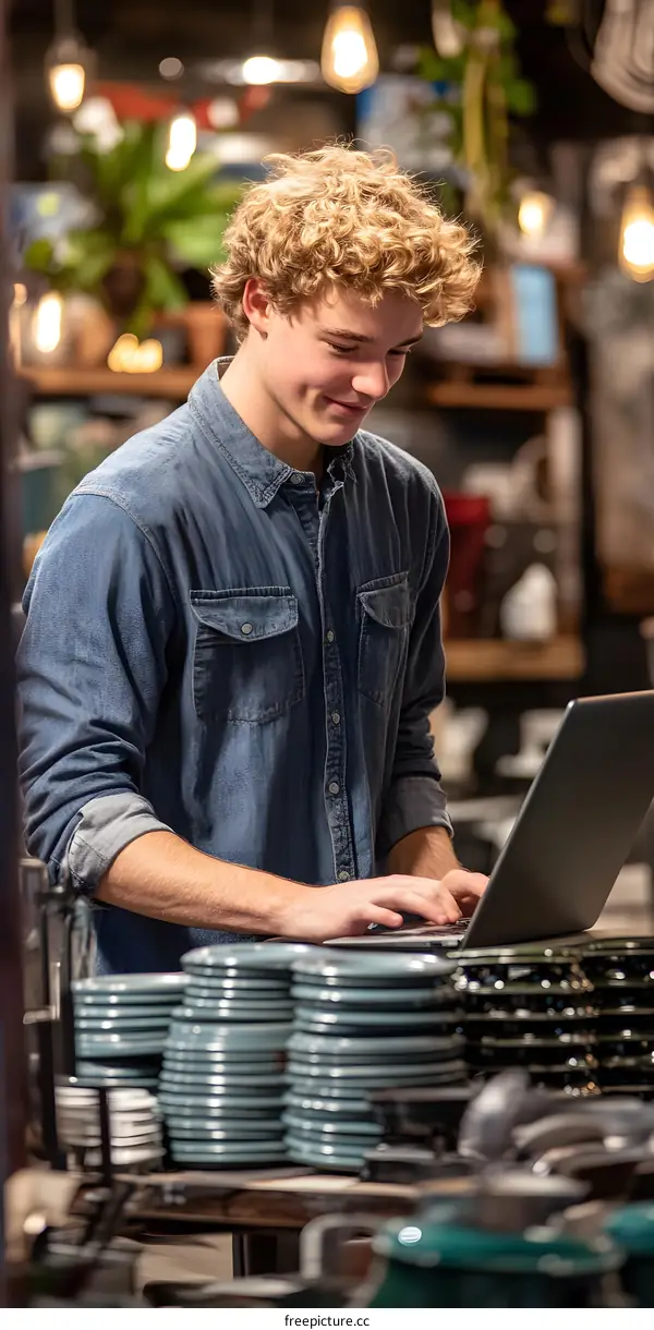 Man Using Laptop In Restaurant With Plates Stacked In Front Of Him