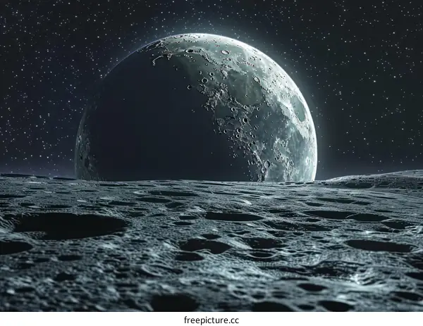 A barren moon landscape with a large moon in the background