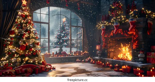 Christmas tree by the fireplace