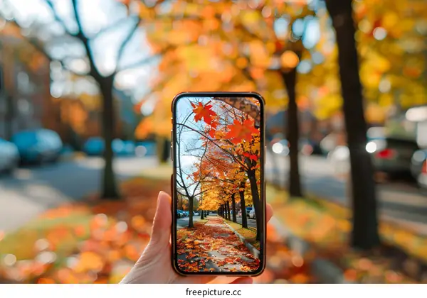 Hand Holding Smartphone Taking Picture of Autumn Leaves