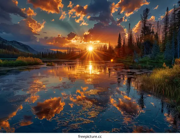A beautiful sunset over a mountain lake