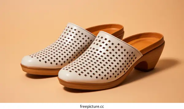A pair of white leather clogs with a unique geometric pattern