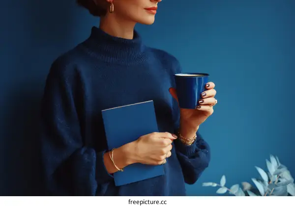 Woman in Dark Blue Sweater with Book and Coffee Cup