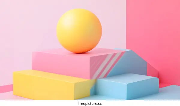 Abstract Minimalist 3D Rendering of a Yellow Sphere on Geometric Platforms