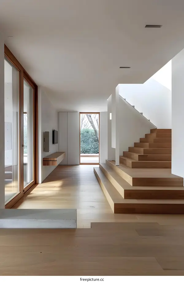 Modern Minimalist Interior Design with Wooden Stairs and Hardwood Floors