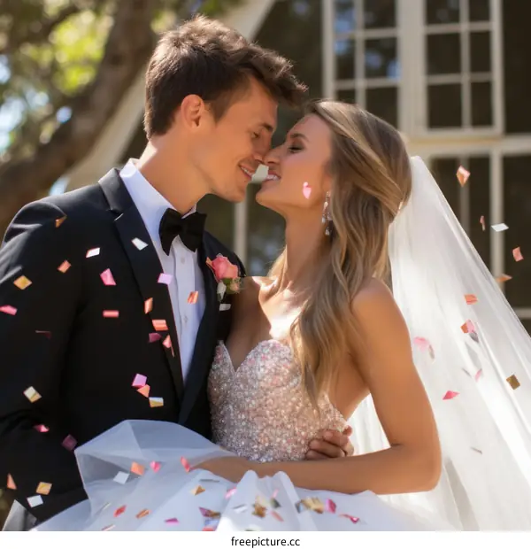 A beautiful bride and groom share a loving kiss on their wedding day