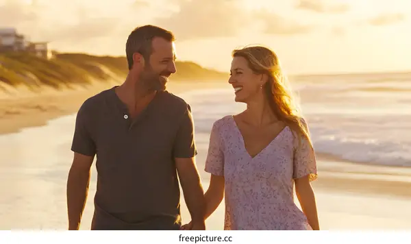 Couple Walking On Beach At Sunset