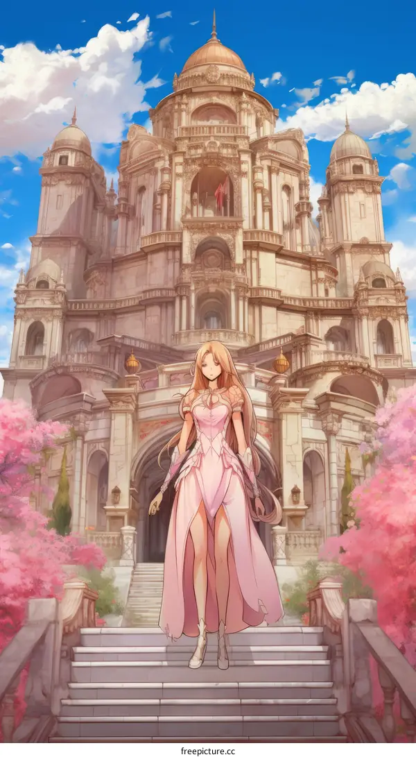 Anime Blonde Woman in Pink Dress at a Japanese Castle