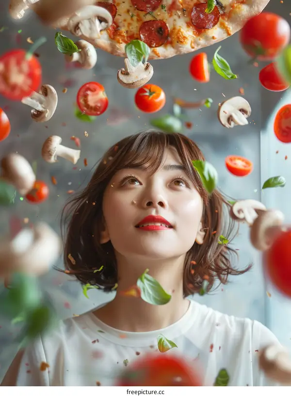 Asian Woman Watching Pizza Ingredients Fall