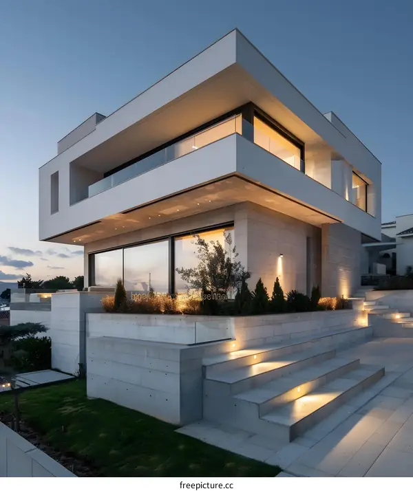 Modern Minimalist Concrete House With Glass Windows and Steps