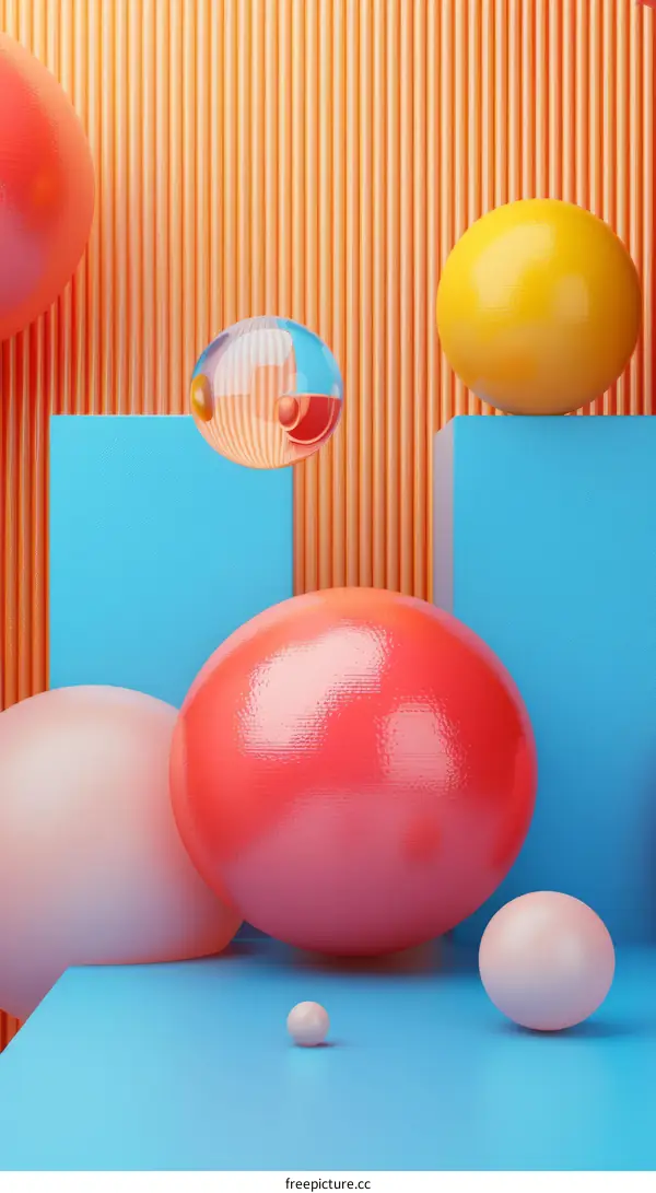3D rendering of colorful balls on a blue and orange background