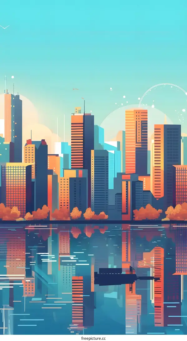 Cityscape Illustration With Reflection in Water