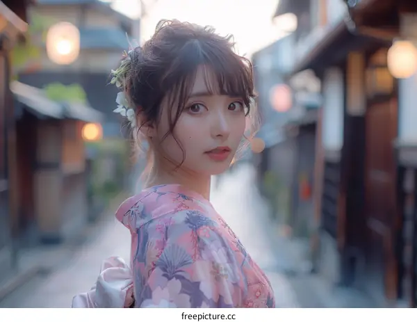 A Young Woman in Kimono Exploring a Traditional Japanese Street