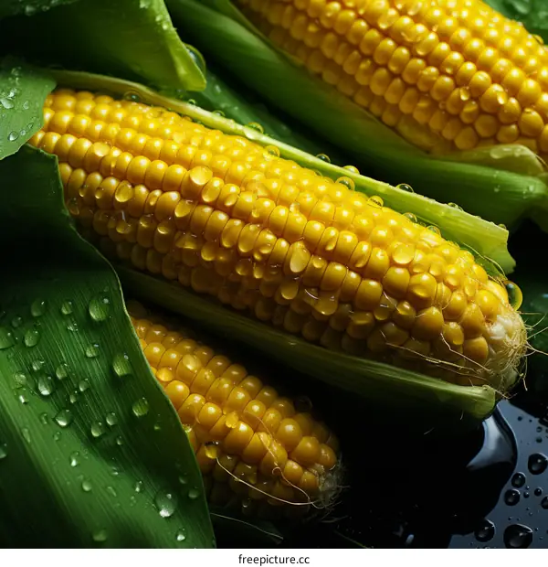 Close-up of fresh corn on the cob with water drops