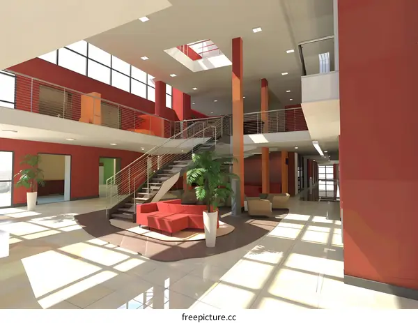Modern Office Building Interior Design with Red Walls and Staircase